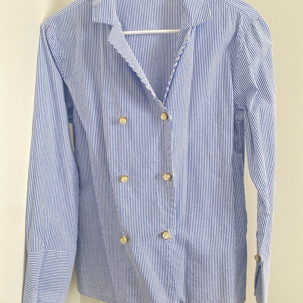 Blue Striped Double-Breasted Shirt with Gold Buttons